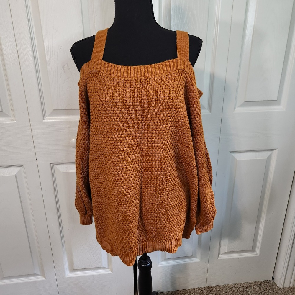 Maurices Womens 1X Burnt Orange Cold Shoulder Popcorn Knit Sweater Rust Boho